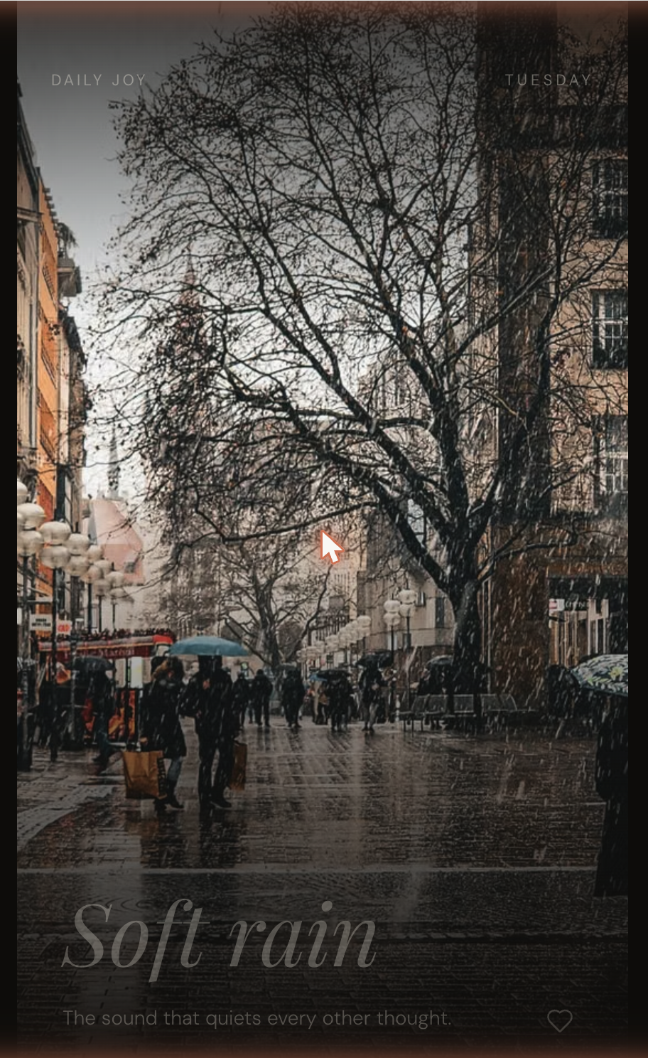 Chickle in a browser: rainy street with people under umbrellas, caption 'Soft rain — the sound that quiets every other thought.'